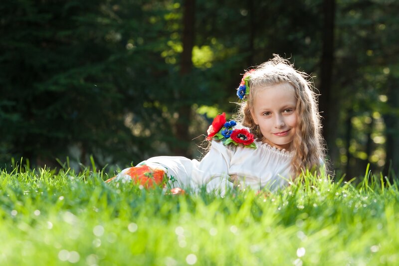 Girl in Floral Dress — Green, Serene, Afternoon, Photograph, Flowers, Grass