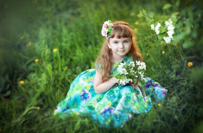 Girl in Floral Dress — Green, Serene, Spring