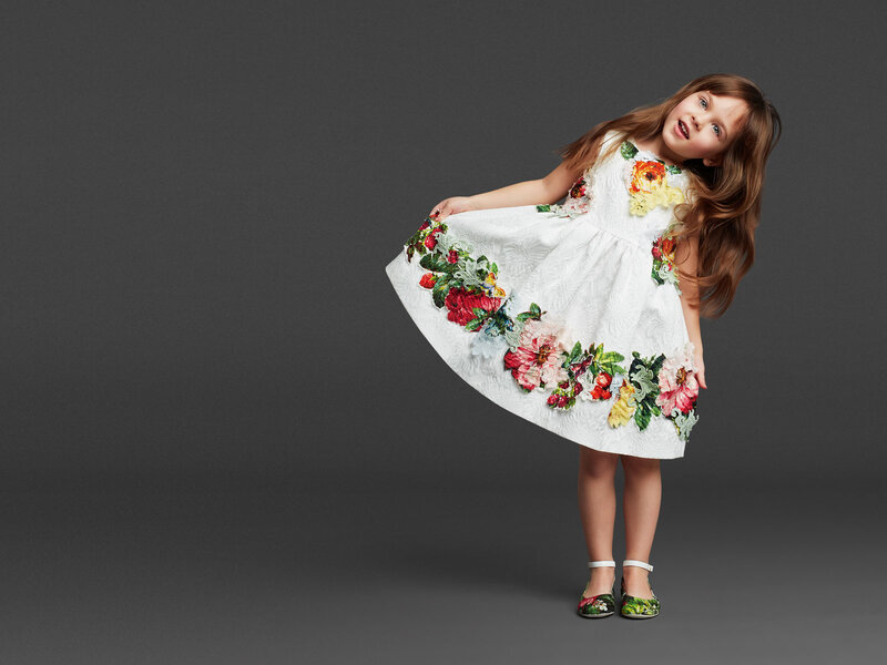 Girl in Floral Dress — White, Playful
