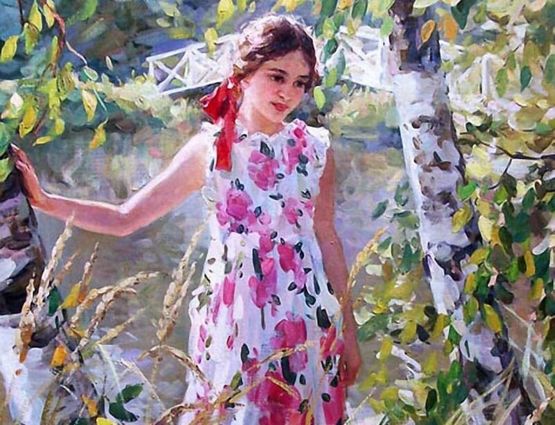 Girl in Floral Dress — White, Serene, Summer