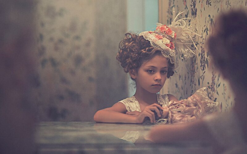 Girl in Floral Hat — White
