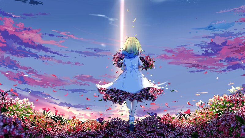 Girl in Flower Field — Blue, Serene, Sunset