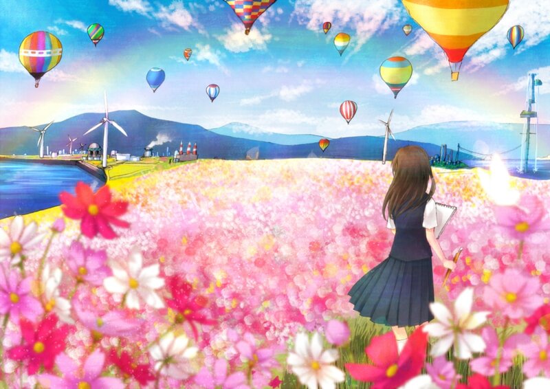 Girl in Flower Field — Pink, Serene, Afternoon, Anime