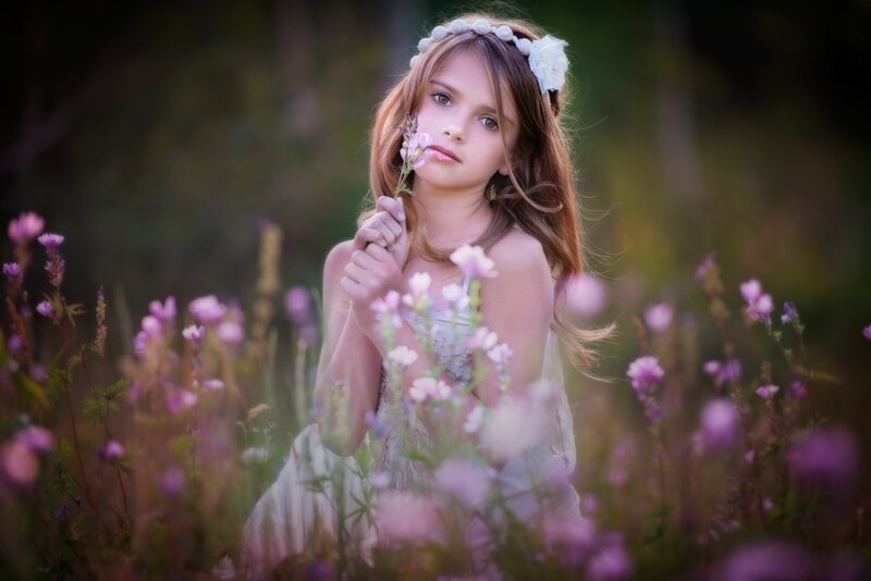 Girl in Flower Field — Purple, Serene, Afternoon
