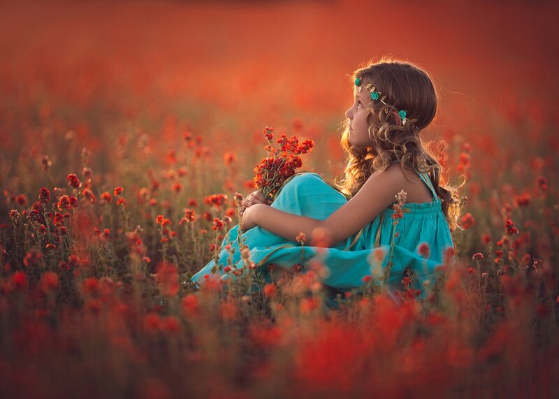 Girl in Flower Field — Red