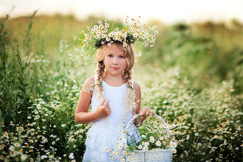 Girl in Flower Field — White, Serene