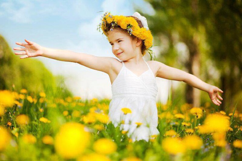Girl in Flower Field — Yellow, Joyful, Afternoon, Photograph