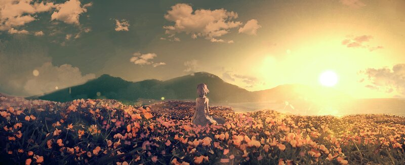 Girl in Flower Field — Yellow, Serene, Sunset, Digital Art