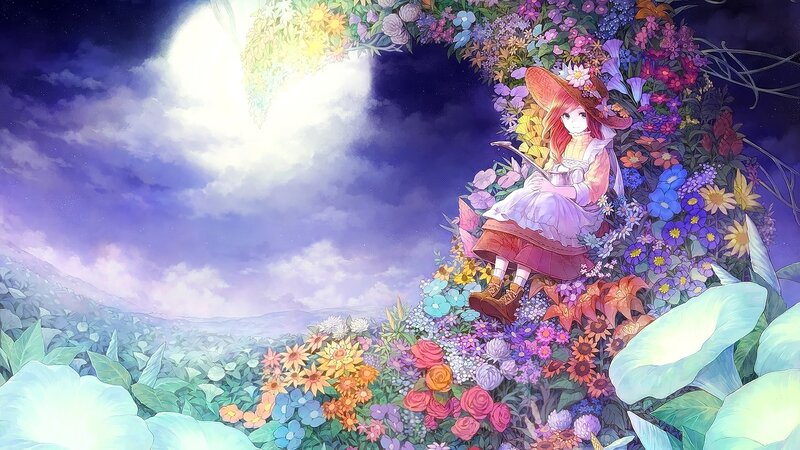 Girl in Flower Garden — Purple, Serene, Night