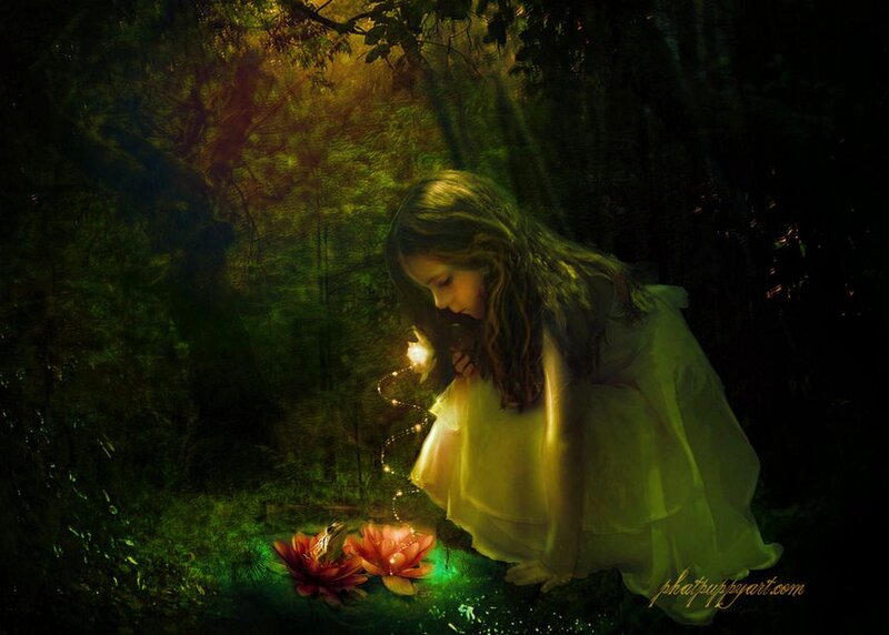 Girl in Forest — Green, Mysterious, Night, Digital Art, Flower