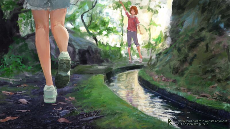 Girl in Forest — Green, Serene, Afternoon, Digital Art, River
