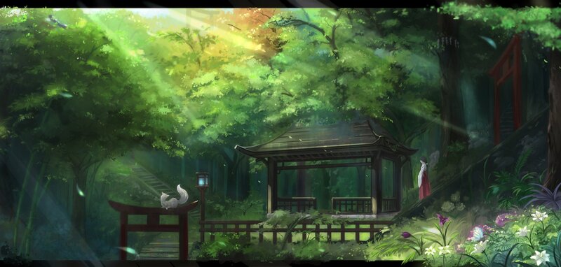 Girl in Forest — Green, Serene, Morning, Digital Art, Gazebo
