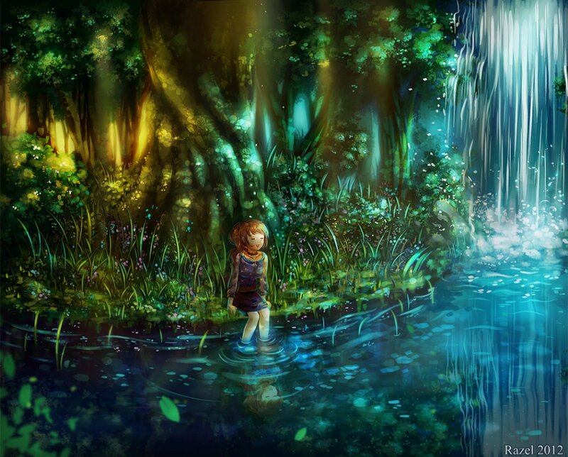Girl in Forest Stream — Green, Serene