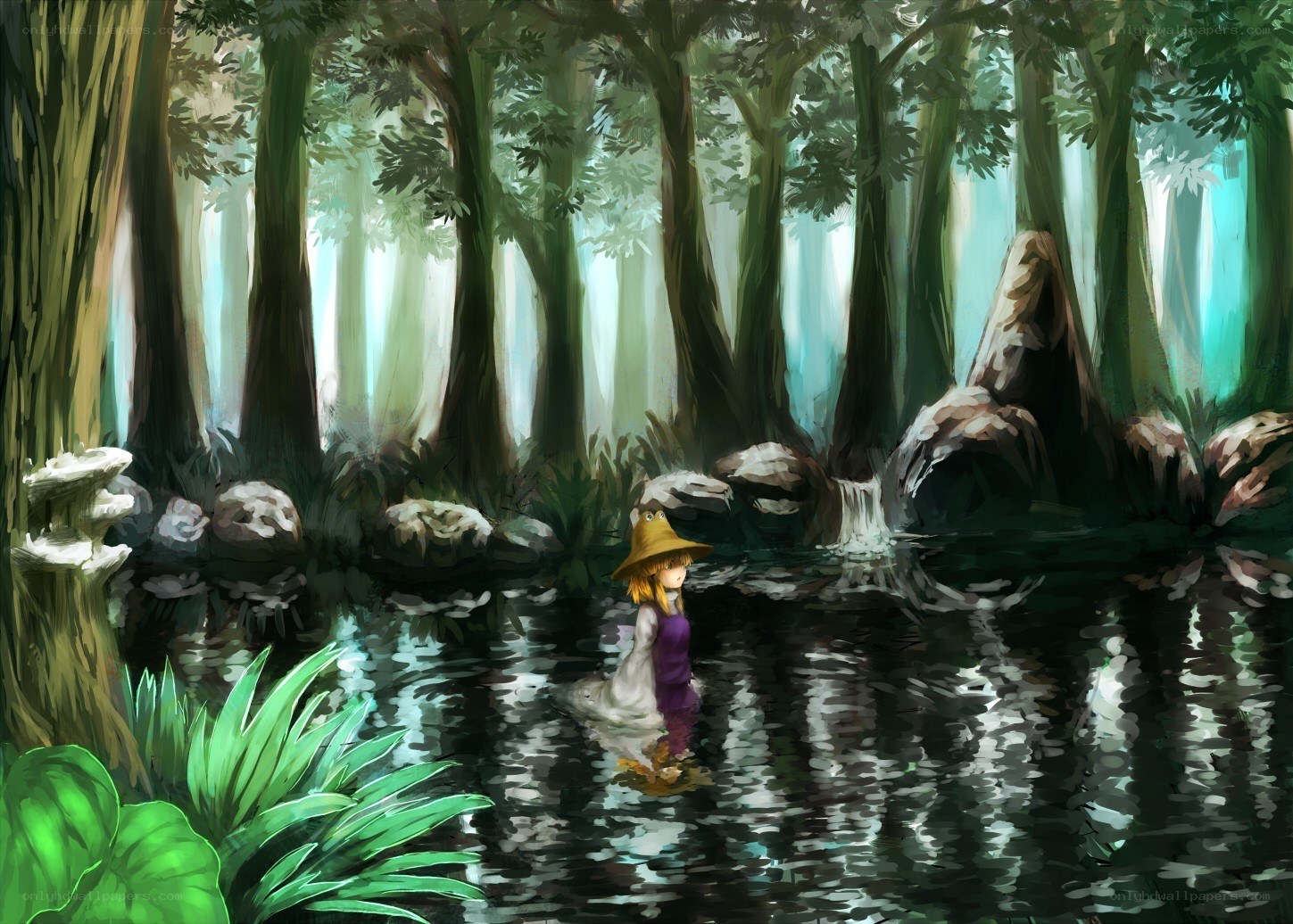 girl in forest stream