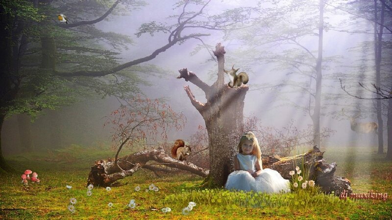 Girl in Forest with Animals — Green, Serene