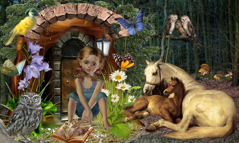 Girl in Forest with Animals — Green