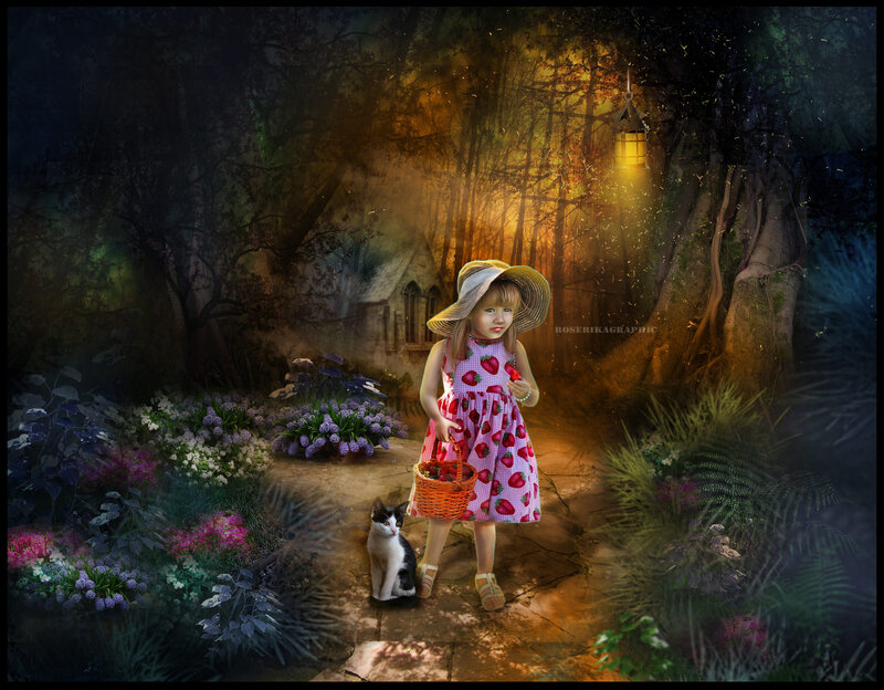 Girl in Forest with Cat — Green