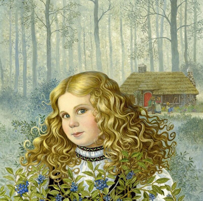 girl in forest with cottage