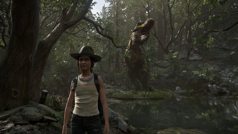 Girl in Forest with Dinosaur