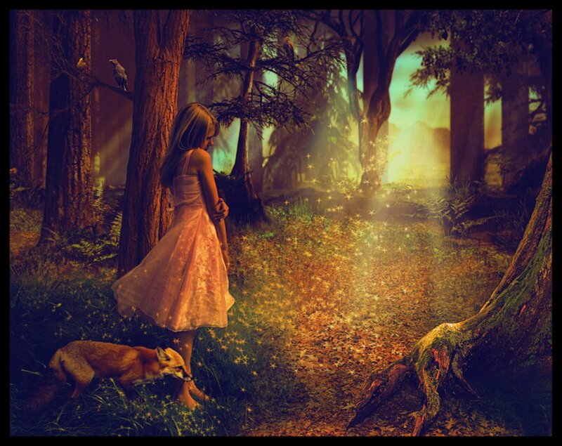Girl in Forest with Fox — Green