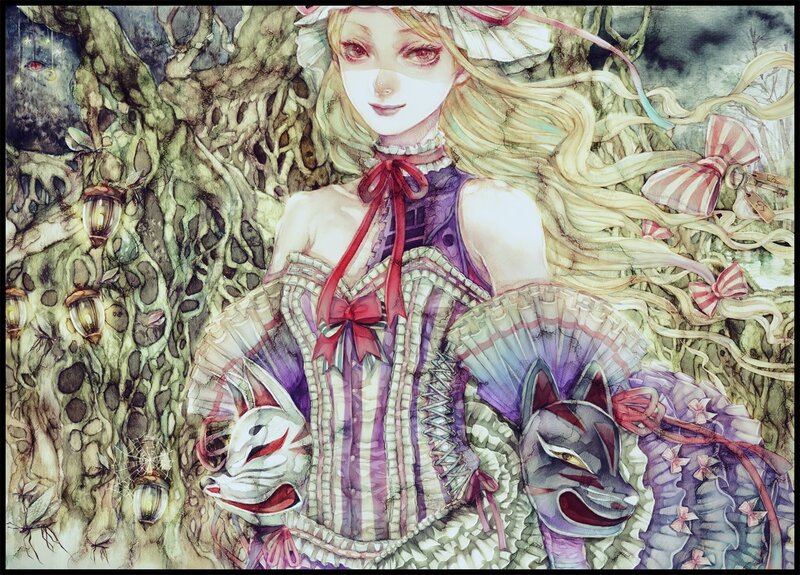 girl in forest with fox masks