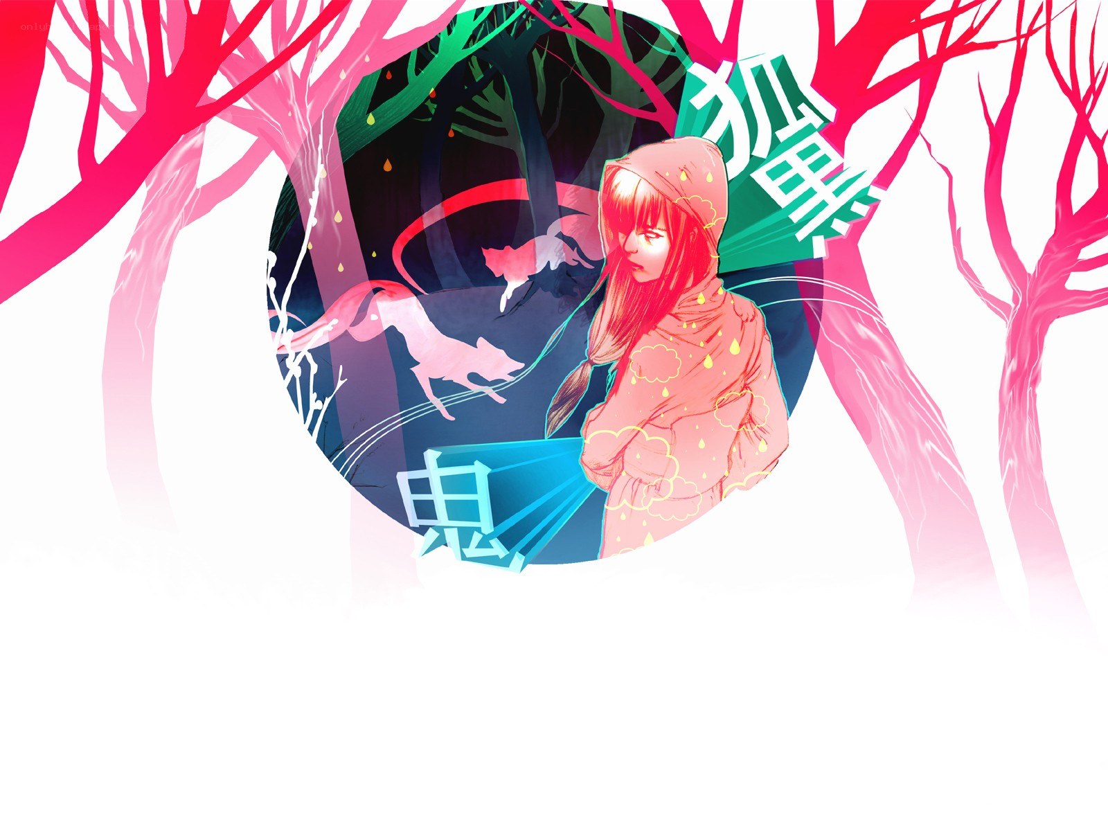 girl in forest with foxes