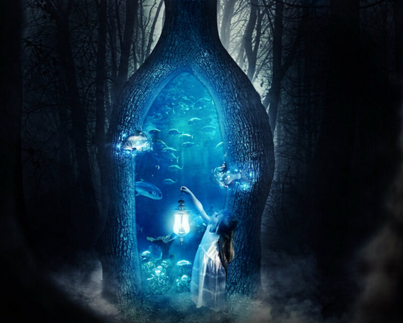 Girl in Forest with Lantern — Blue