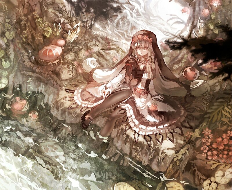 girl in forest with mushrooms