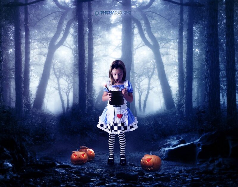 Girl in Forest with Pumpkins