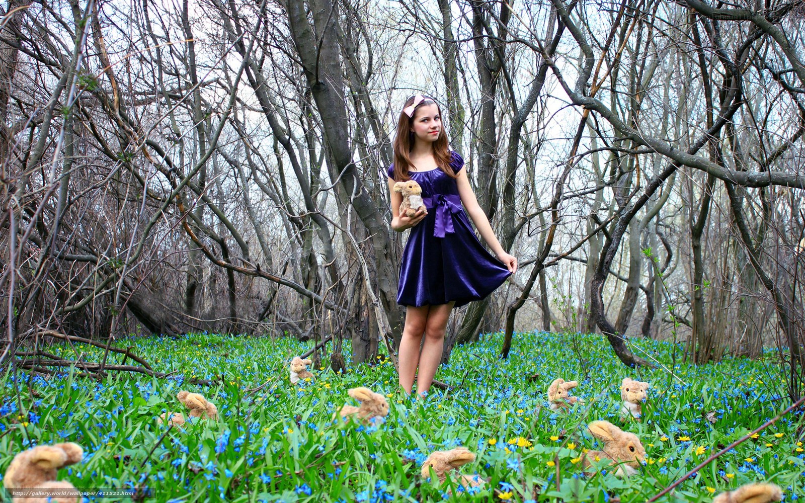 Girl in forest with stuffed animals