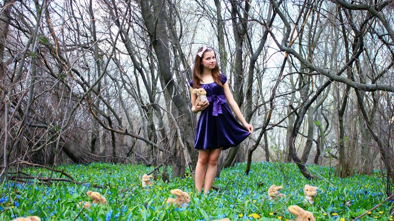 Girl in forest with stuffed animals