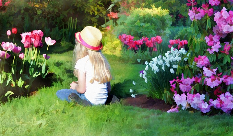 Girl in Garden — Green, Serene, Afternoon, Digital Art, Flowers, Hat