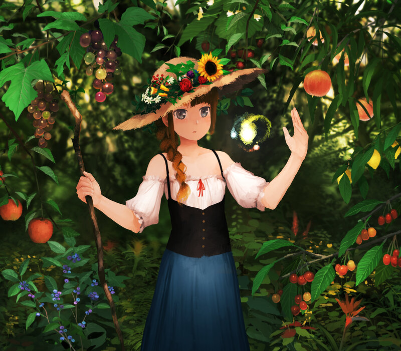 Girl in Garden — Green, Serene, Afternoon, Digital Art, Flowers