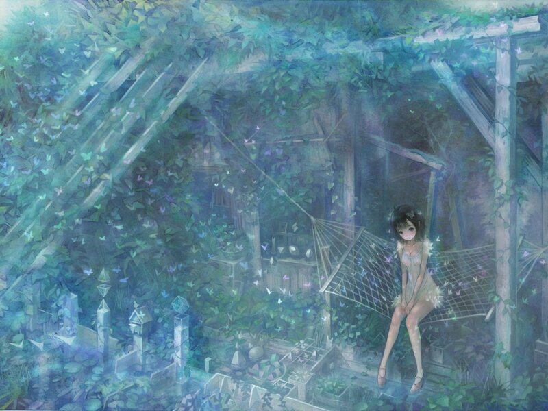 Girl in Garden — Green, Serene, Night, Digital Art