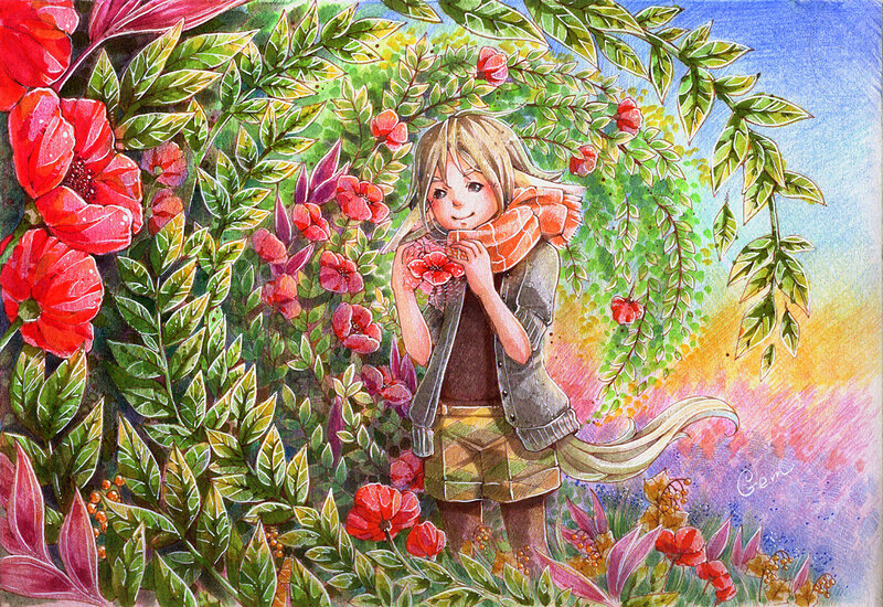 Girl in Garden — Red