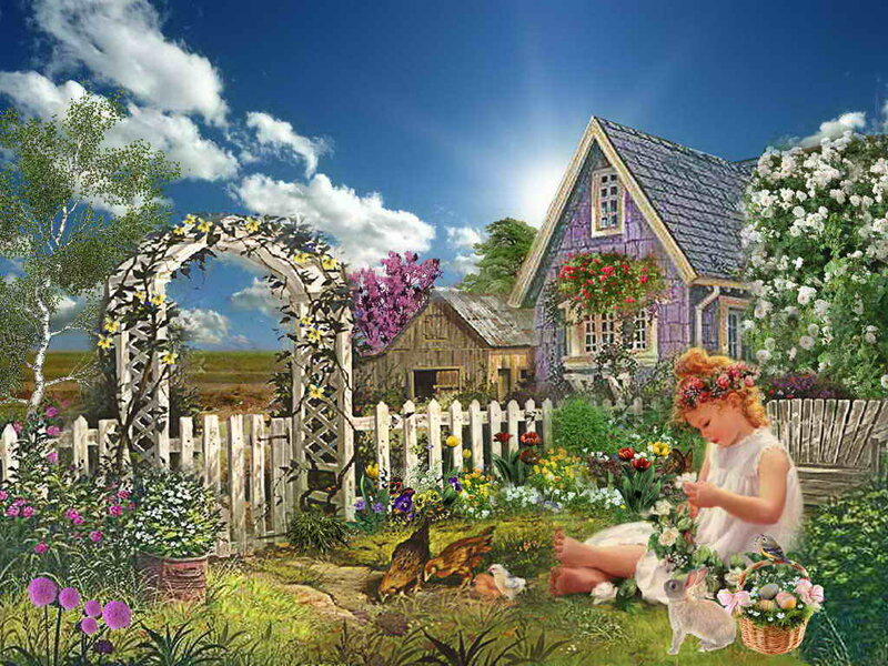 Girl in Garden with Animals
