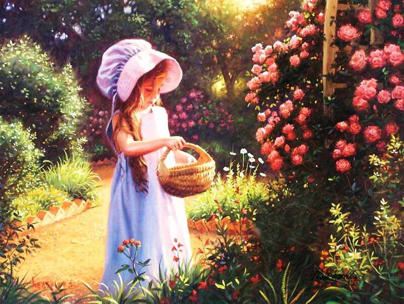 Girl in Garden with Basket — Blue