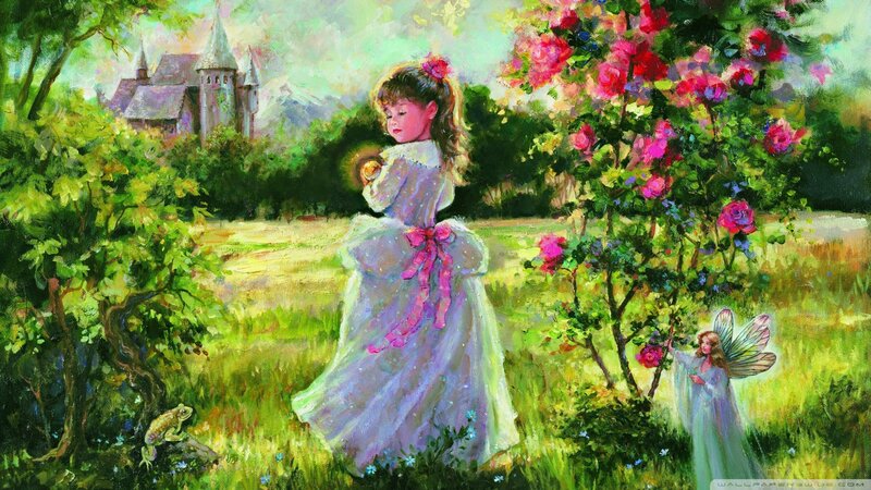 Girl in Garden with Fairy — Green, Serene