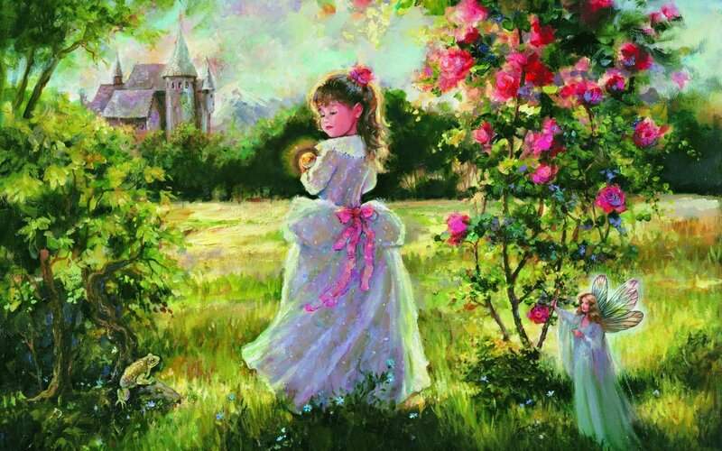 Girl in Garden with Fairy — Green