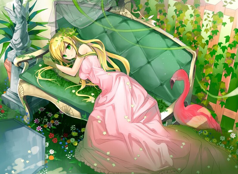 Girl in garden with flamingo