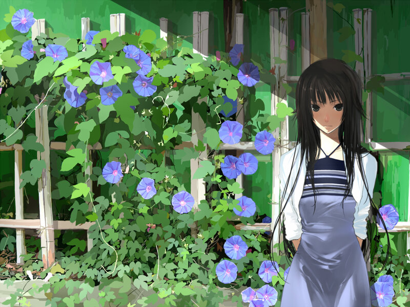 girl in garden with morning glories