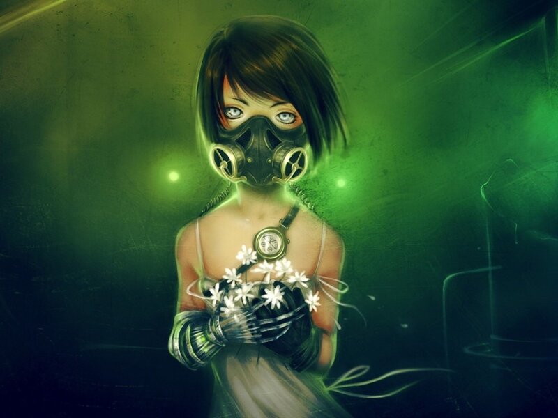 Girl in Gas Mask — Green, Dramatic, Digital Art