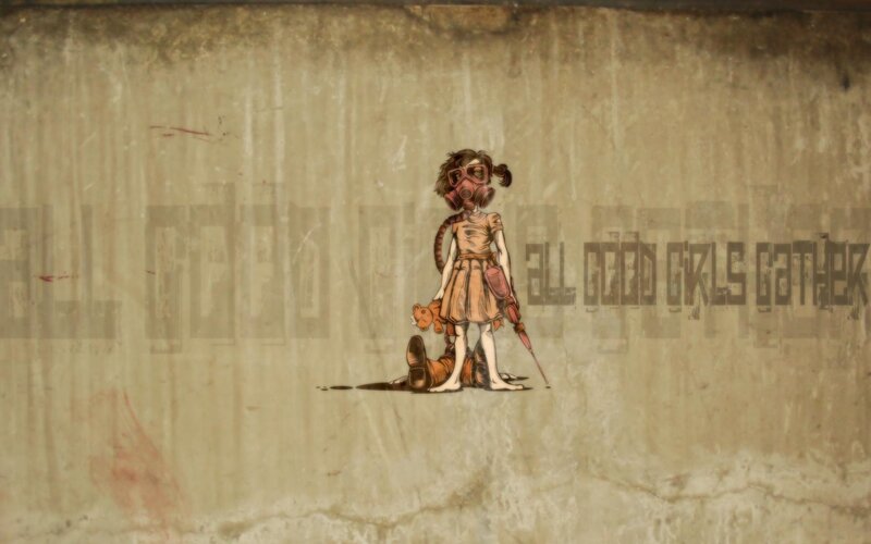 girl in gas mask with teddy bear
