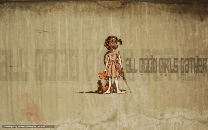 Girl in gas mask with teddy bear