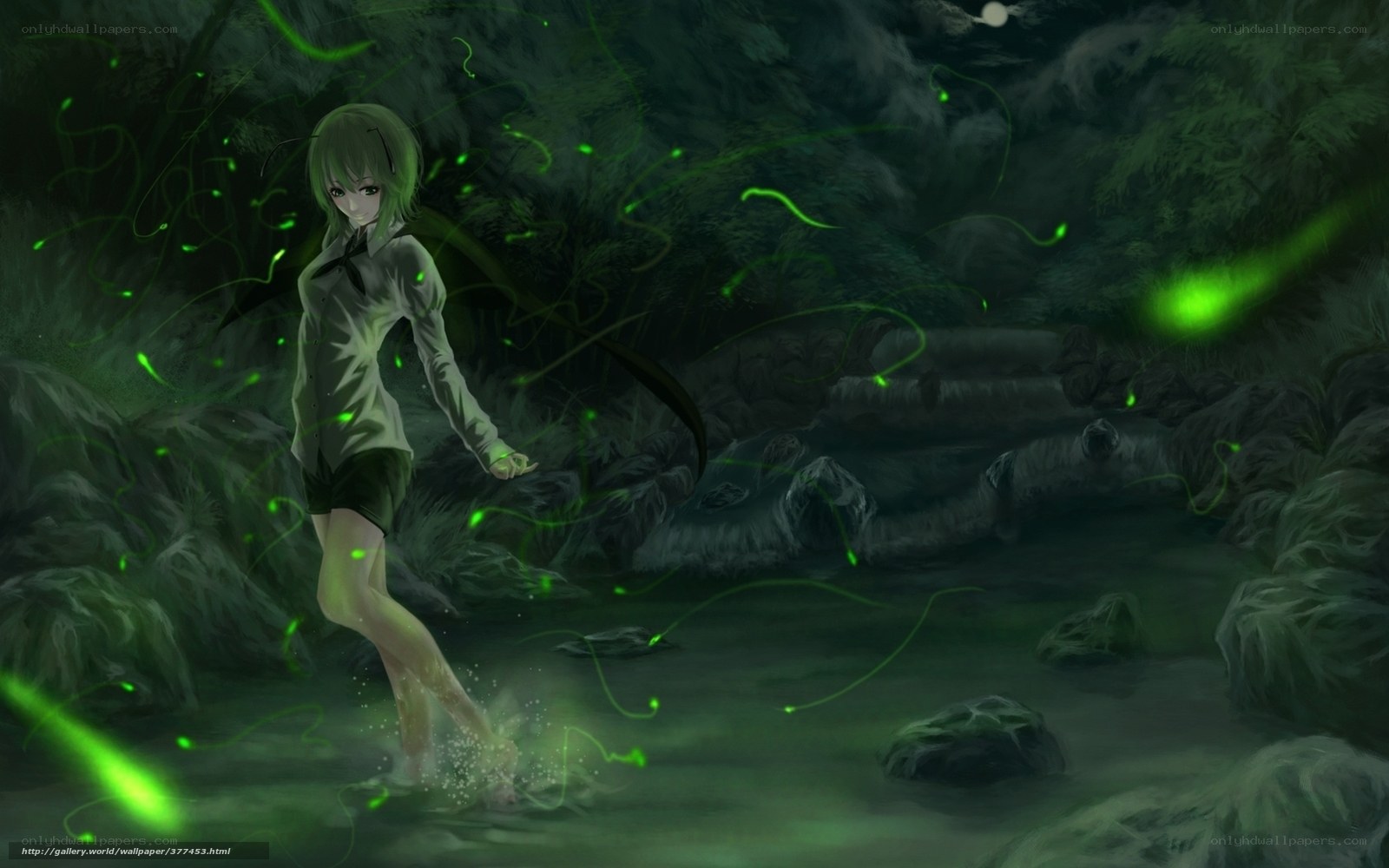 girl in glowing forest stream