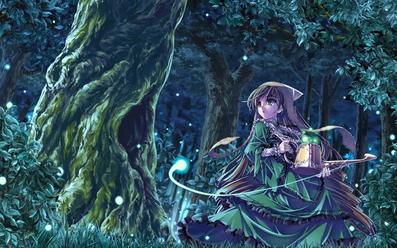 Girl in Green Dress — Serene, Night, Anime, Forest