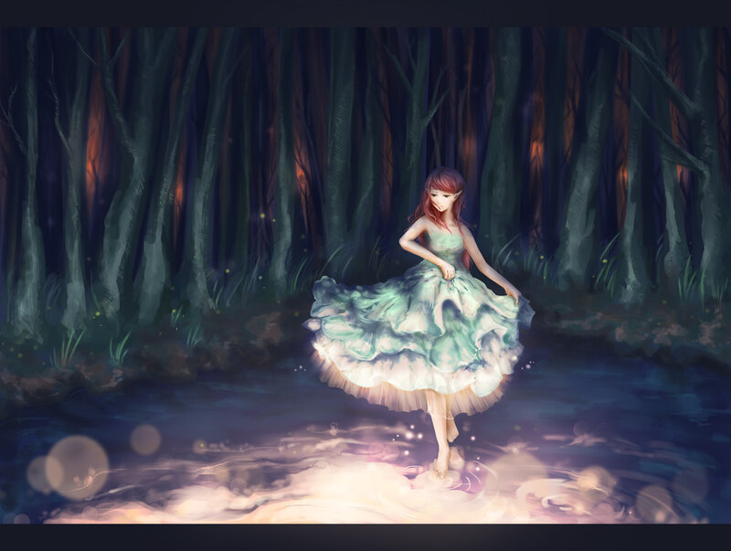 Girl in Green Dress — Serene, Night, Digital Art