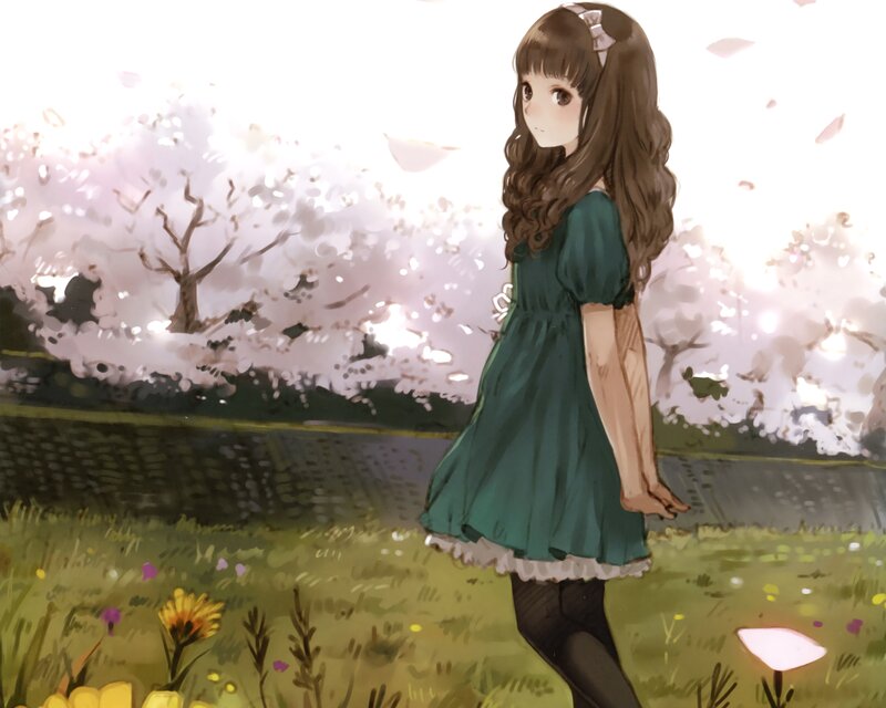 Girl in Green Dress — Serene, Spring, Digital Art