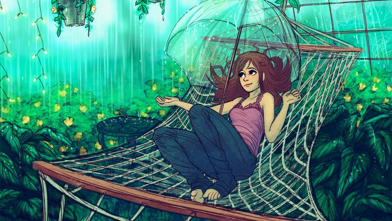 Girl in hammock under rain