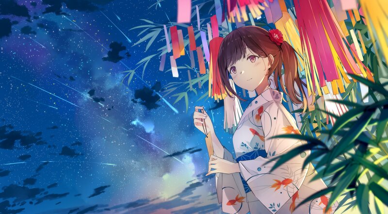 Girl in Kimono at Night — Blue